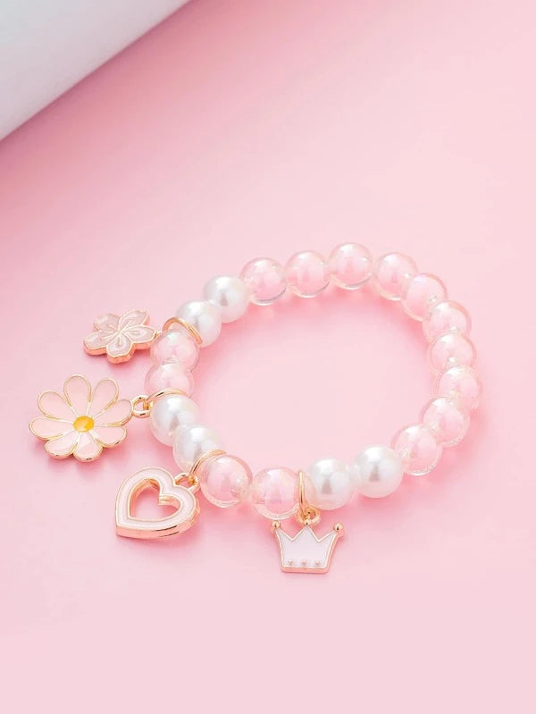 Girls Flower Charm Faux Pearl Beaded Bracelet