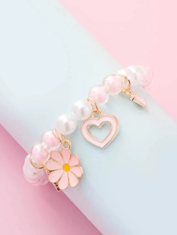 Girls Flower Charm Faux Pearl Beaded Bracelet