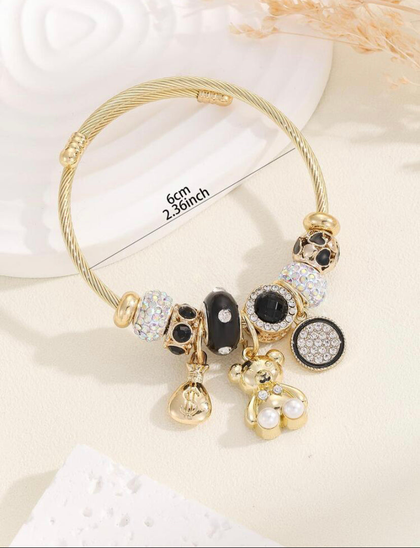 Rhinestone Decor Bear Charm Bangle