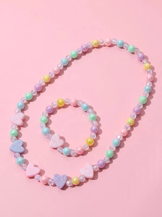 Girls Heart Beaded Necklace & Bracelet Set
