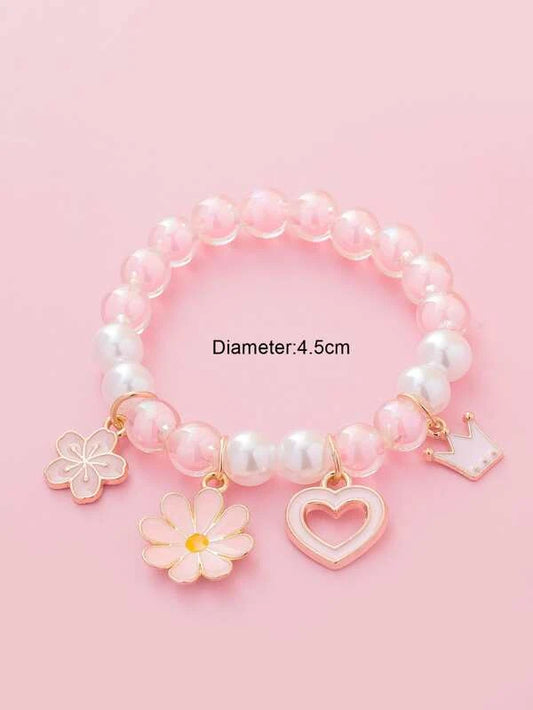 Girls Flower Charm Faux Pearl Beaded Bracelet
