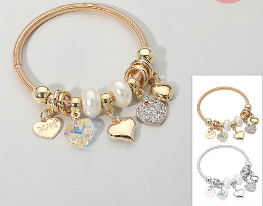 LOVE Engraved Heart Pearl Beaded Stretch Bracelets