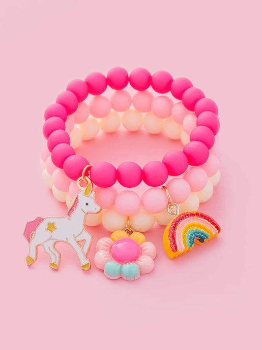 Girls Unicorn & Rainbow Decor Bracelet - Pink (3pc)