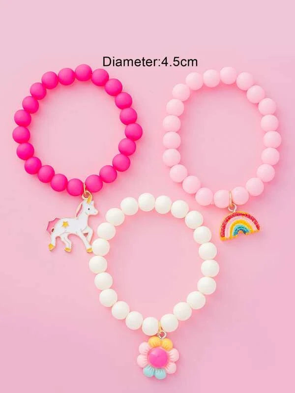 Girls Unicorn & Rainbow Decor Bracelet - Pink (3pc)