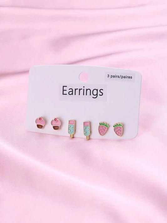 Girls Strawberry & Popsicle Decor Stud Earrings - 3 pair