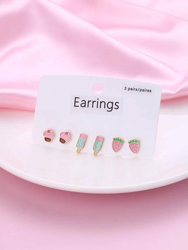 Girls Strawberry & Popsicle Decor Stud Earrings - 3 pair